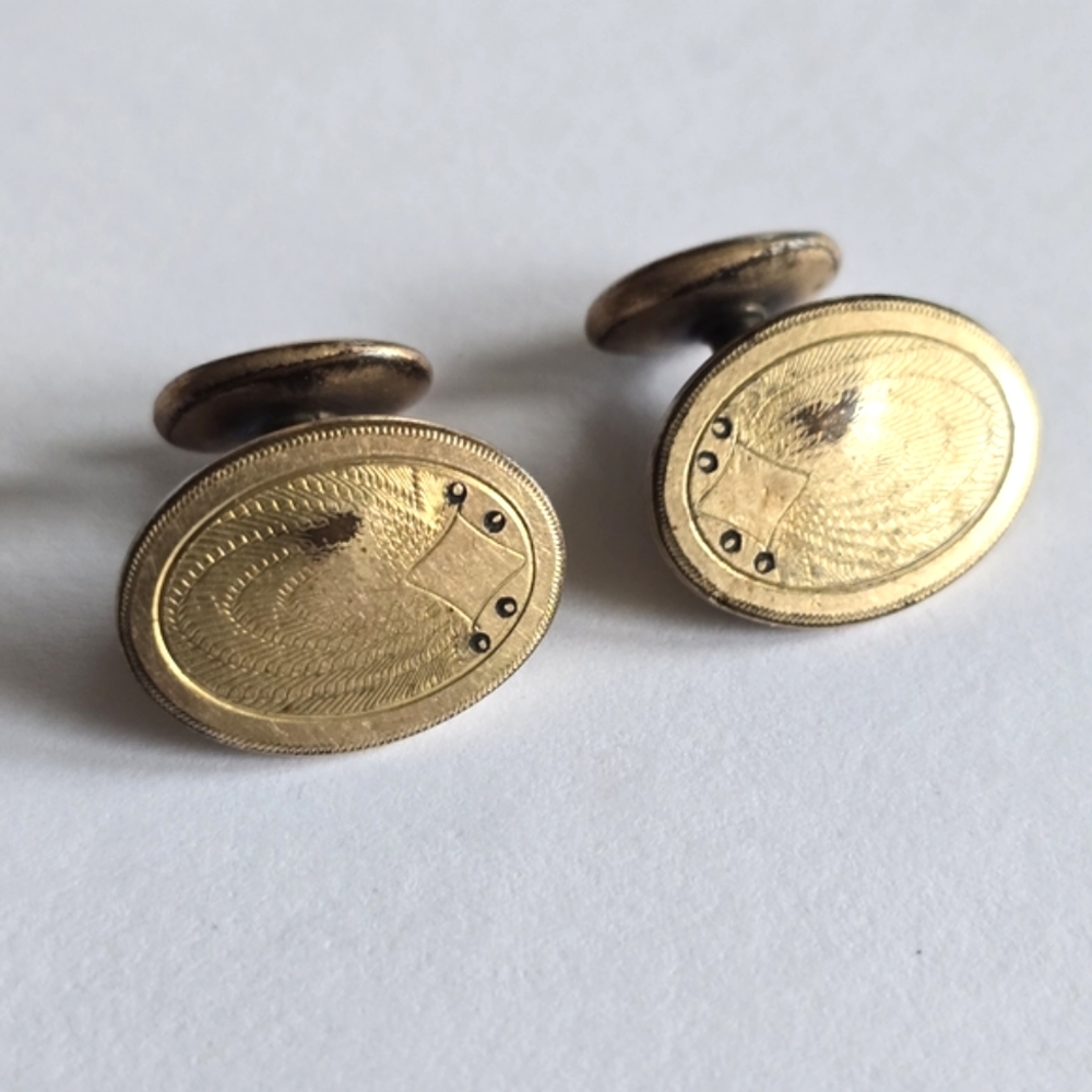 Vintage cuff links gold tone oval shield engraved edwardian art deco style